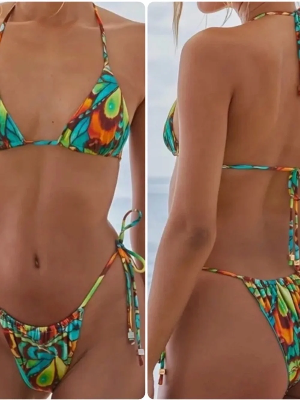 Multicolor Triangle Halter Side Tie Bikini Set